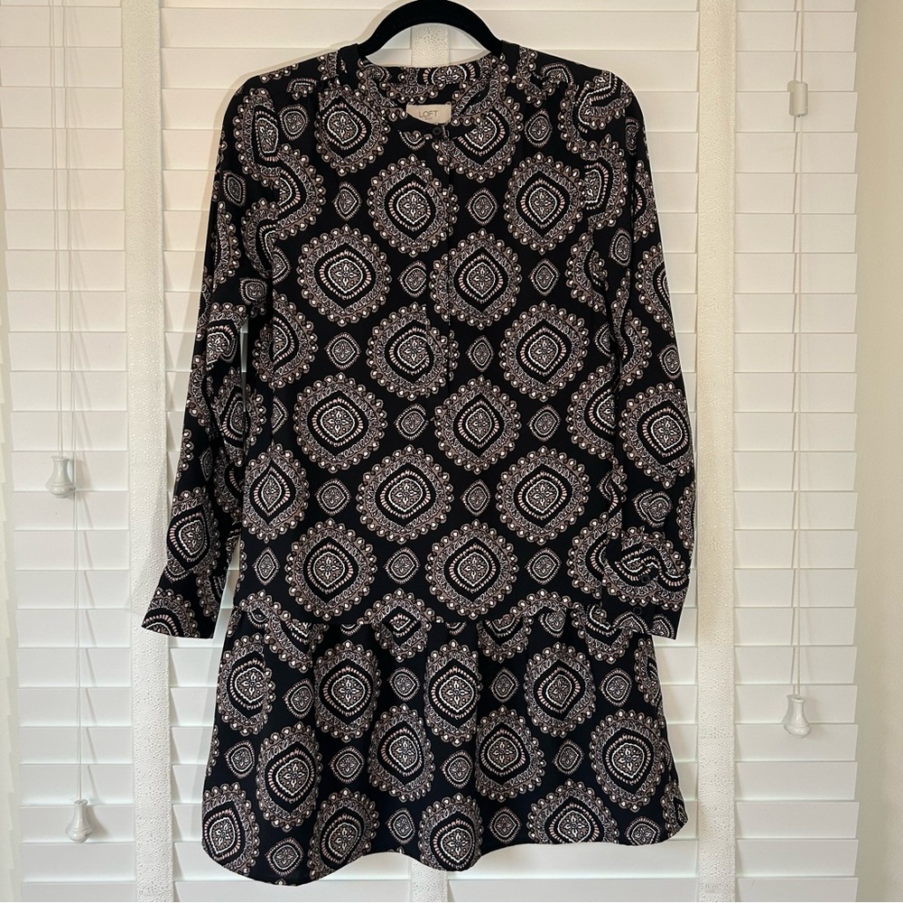 LOFT Dress Mini Long Sleeve Black Brown Paisley Shift Drop Waist XS - Picture 2 of 6